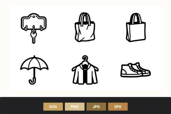 Download Key Bag Umbrella Jacket Shoes Line Art - Line art Collection